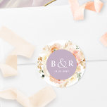 Sticker Rond Enveloppe Mariage Peach Blush et Lavender / Favori<br><div class="desc">Elégante enveloppe mariage monogrammée sceau ou préférez autocollant avec de magnifiques détails aquarelle florale dans un magnifique mélange de teintes pêche, orange, rose rousse, crème et champagne. Centre en lavande violet avec initiales et deuxième ligne de texte en blanc. Deux options de taille et plusieurs options de forme à choisir....</div>