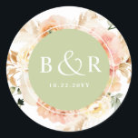 Sticker Rond Enveloppe Mariage Pêche, Bleu et Vert / Favoriser<br><div class="desc">Elégante enveloppe mariage monogrammée sceau ou préférez autocollant avec de magnifiques détails aquarelle florale dans un magnifique mélange de teintes pêche, orange, rose rousse, crème et champagne. Centrer en vert avec initiales et deuxième ligne de texte en blanc. Deux options de taille et plusieurs options de forme à choisir. La...</div>
