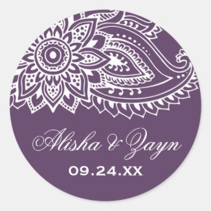Sticker Rond Enveloppe Mariage Plum Indian Paisley
