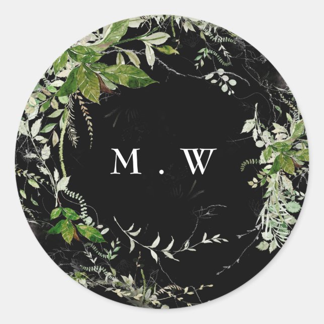 Sticker Rond Enveloppe noire Premium Eucalyptus Wreath Monogram (Devant)
