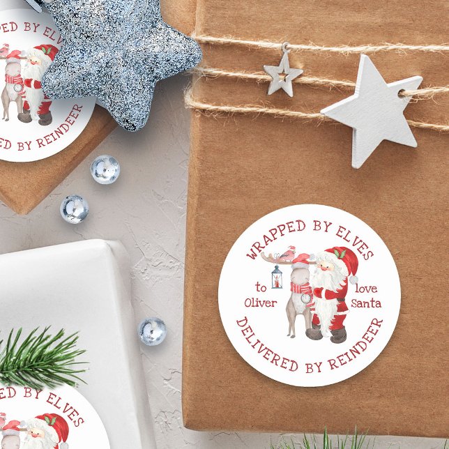 Sticker Rond Enveloppé par les elfes Livré par Reindeer Kids (From Santa Sticker - personalized with child's name)