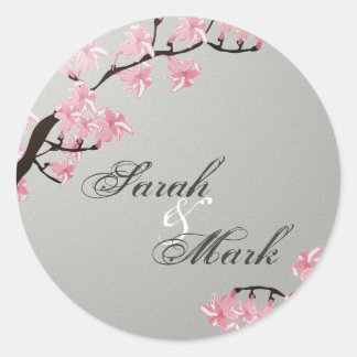 Sticker Rond Enveloppe Sceau Ardoise Gris & Fleurs de cerise ro