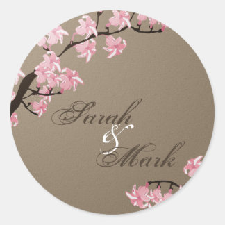 Sticker Rond Enveloppe Sceau Brown & Fleurs de cerise rose