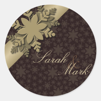 Sticker Rond Enveloppe Sceau Brown & Gold Snowflake Mariage