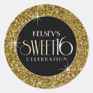 Sticker Rond Enveloppe Sweet 16 Faux Gold Glitter Sceau