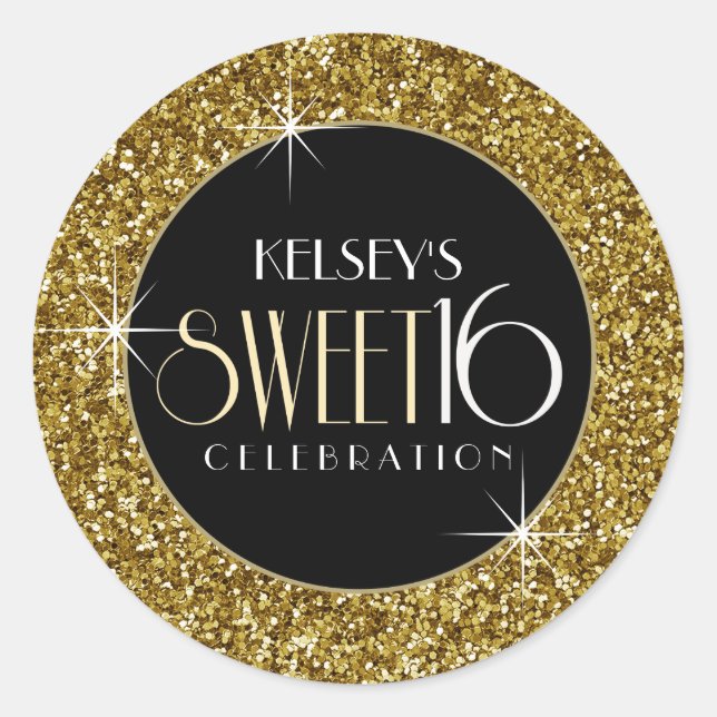 Sticker Rond Enveloppe Sweet 16 Faux Gold Glitter Sceau (Devant)