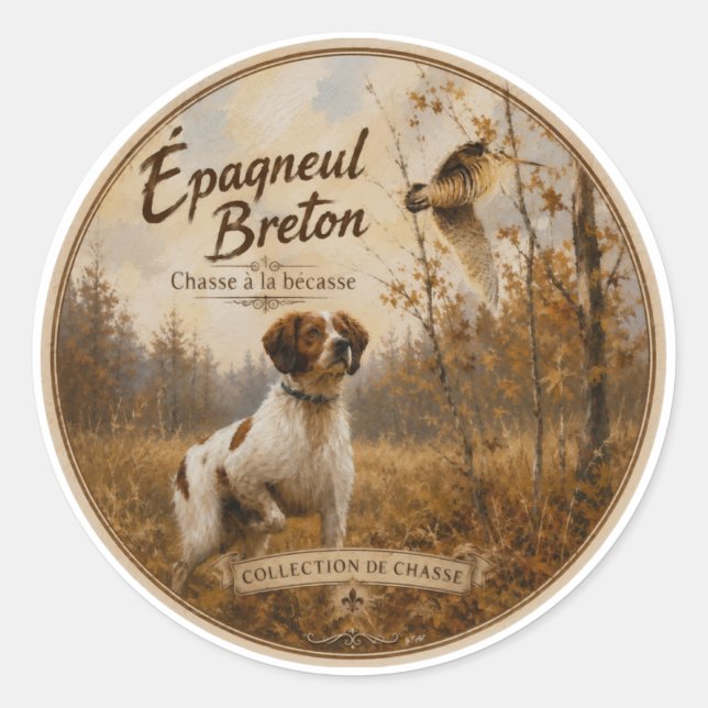 Sticker Rond Épagneul breton et bécasse  (Devant)