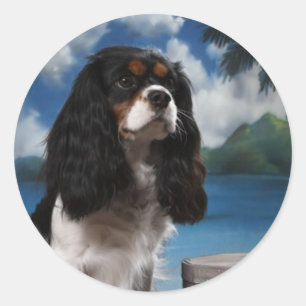 Sticker Rond Épagneul cavalier du Roi Charles de tri couleur