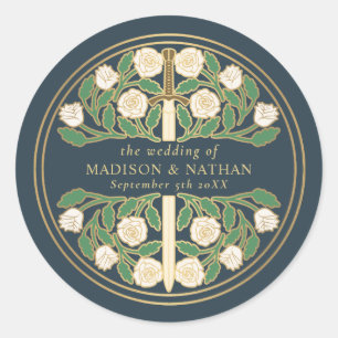 Sticker Rond Épée de mariage florale médiévale royale grise