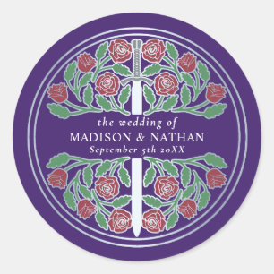 Sticker Rond Épée de mariage médiévale argentée royale violette