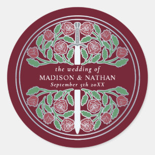 Sticker Rond Épée de mariage médiévale royale argentée rouge 
