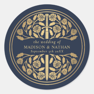 Sticker Rond Épée de mariage médiévale royale bleu or 