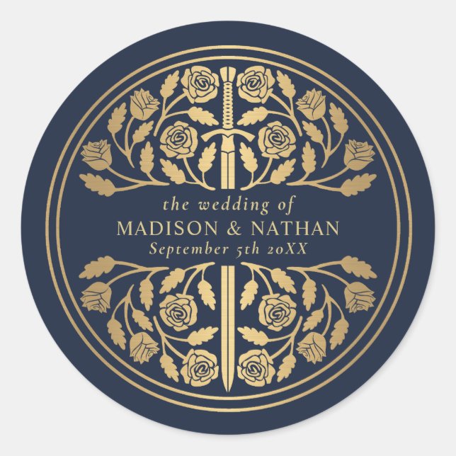 Sticker Rond Épée de mariage médiévale royale bleu or  (Devant)