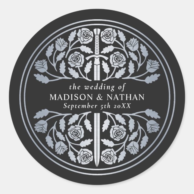 Sticker Rond Épée de mariage médiévale royale noir argent  (Devant)