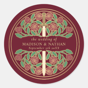 Sticker Rond Épée de mariage médiévale royale rouge dorée