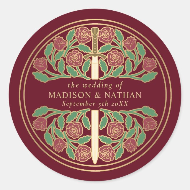 Sticker Rond Épée de mariage médiévale royale rouge dorée  (Devant)