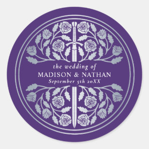 Sticker Rond Épée de mariage médiévale royale violet argent 