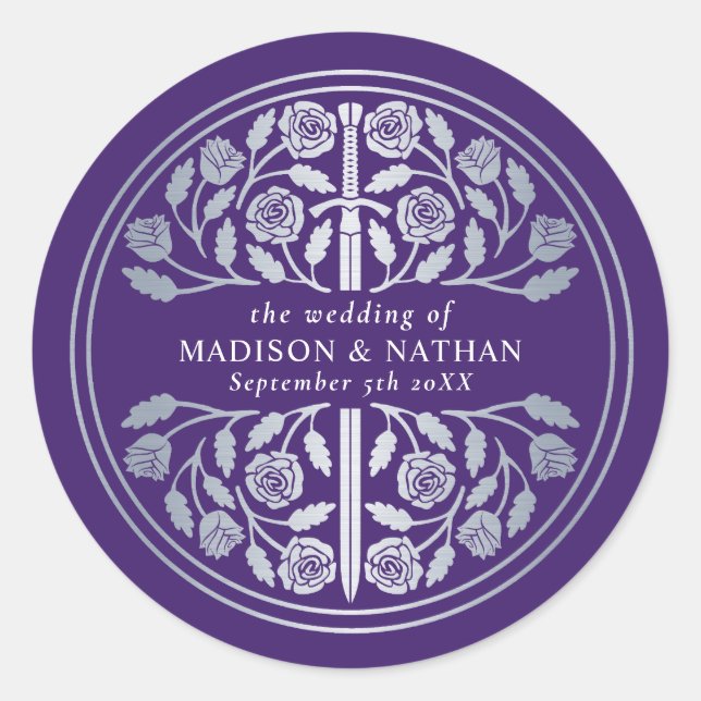 Sticker Rond Épée de mariage médiévale royale violet argent  (Devant)