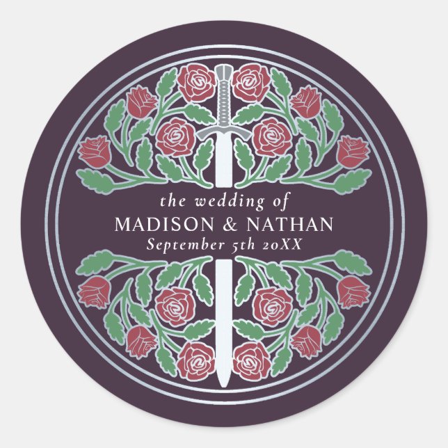 Sticker Rond Épée de mariage royale médiévale argentée Aubergin (Devant)