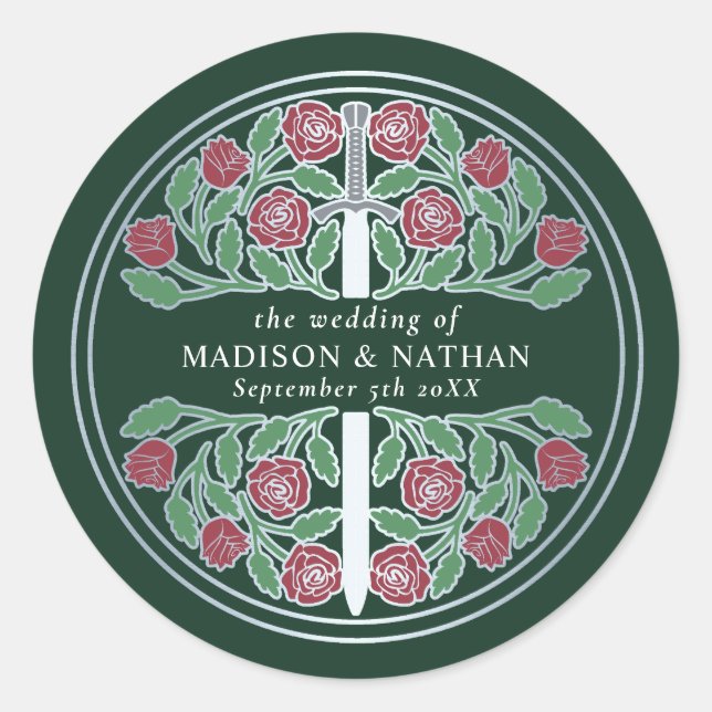 Sticker Rond Épée de mariage royale médiévale argentée verte  (Devant)
