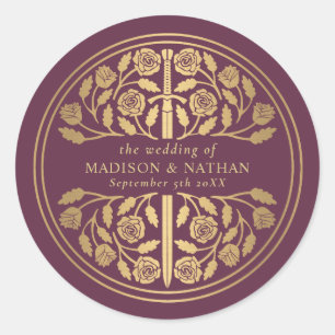 Sticker Rond Épée de mariage royale médiévale mauve or