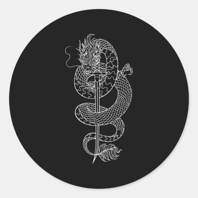 Sticker Rond Épée D'Un Samouraï Et D'Un Dragon Japonais (Devant)