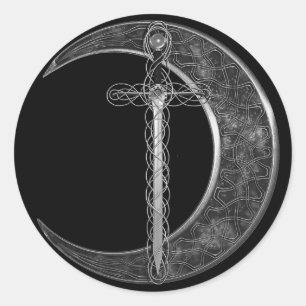 Sticker Rond Épée et lune celtiques grises