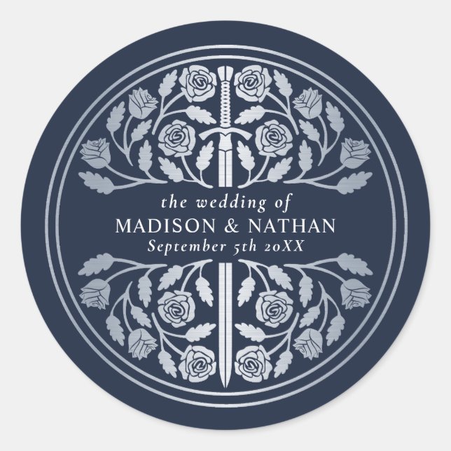 Sticker Rond Épée médiévale royale bleu argent Mariage  (Devant)