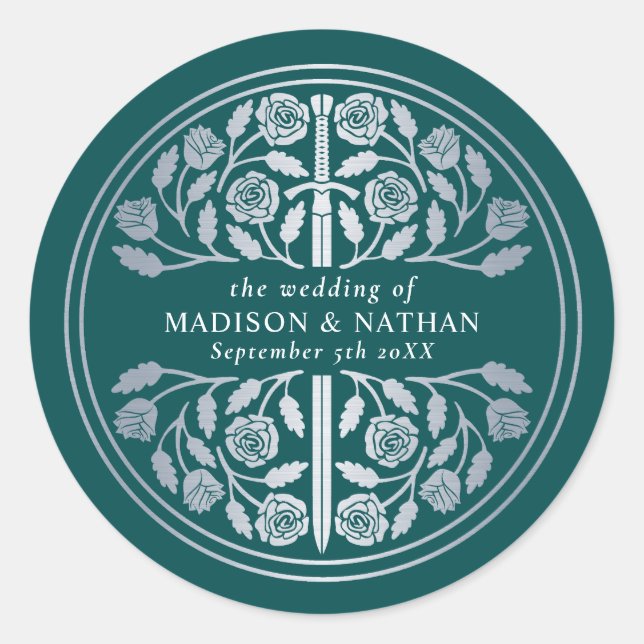 Sticker Rond Épée Médiévale Royale de Mariage Teal Argentée  (Devant)
