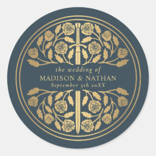 Sticker Rond Épée médiévale royale grise dorée pour mariage