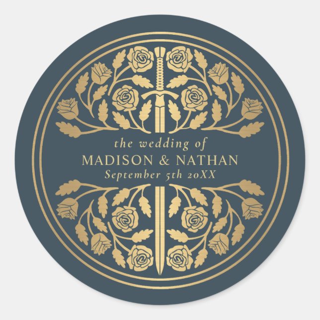 Sticker Rond Épée médiévale royale grise dorée pour mariage  (Devant)
