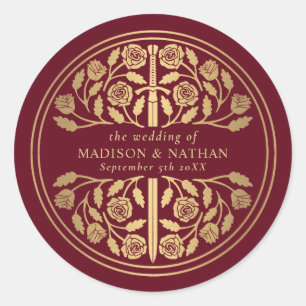 Sticker Rond Épée médiévale royale rouge or mariage