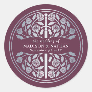Sticker Rond Épée Royale Médiévale de Mariage Mauve Argentée