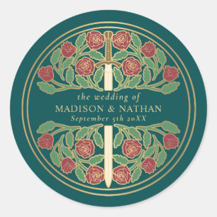 Sticker Rond Épée Royale Médiévale de Mariage Sarcelle 