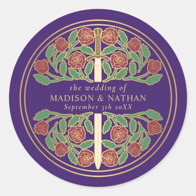 Sticker Rond Épée Royale Médiévale de Mariage Violet  (Devant)