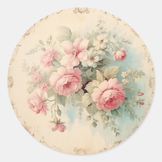 Sticker Rond Éphémère Pâle, Shabby Chic Rose (Devant)