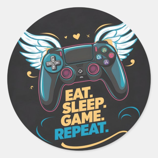 Sticker Rond Epic Gaming Gear. Manger. Dormir. Jeu. Recommencer (Devant)