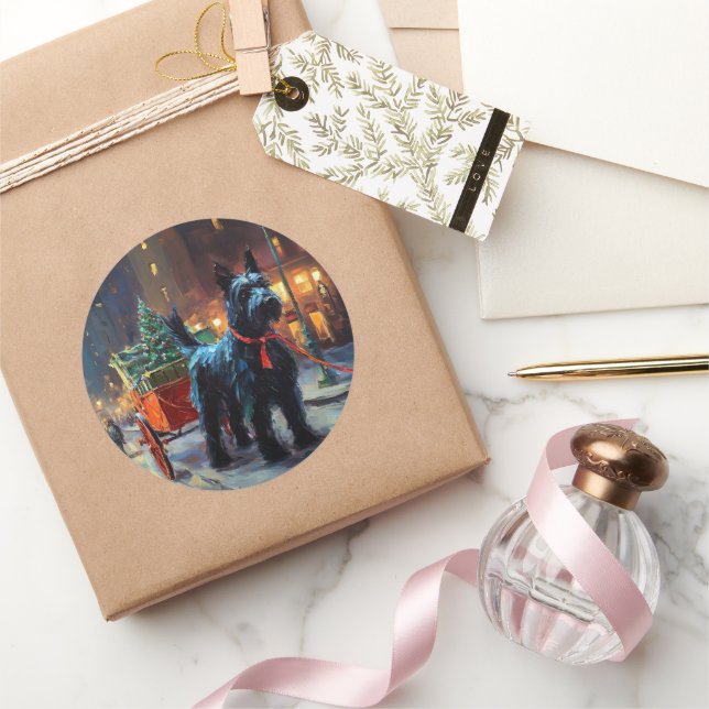 Sticker Rond Époque de fête de Noël du Terrier Écossais (Cadeaux)