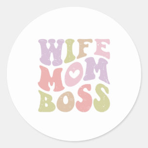 Sticker Rond Épouse Maman Patronne Script Rétro Groovy Fête des