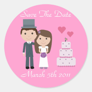 Sticker Rond Épouse mignonne & Groom & Gake Rose Enregistrer La