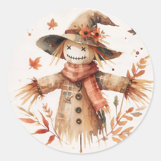 Sticker Rond Épouvantail souriant aquarelle d'automne (Devant)