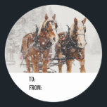 Sticker Rond Équipe de Belgique de cheval Wintery Christmas Sce<br><div class="desc">stickers de marque cadeau de Noël avec une photo extérieure montrant une équipe de 2 chevaux belges tirant un traîneau. Des flocons de neige tombent doucement avec des pins enneigés dans l'arrière - plan. Espace pour écrire vos détails de cadeau A et De.</div>