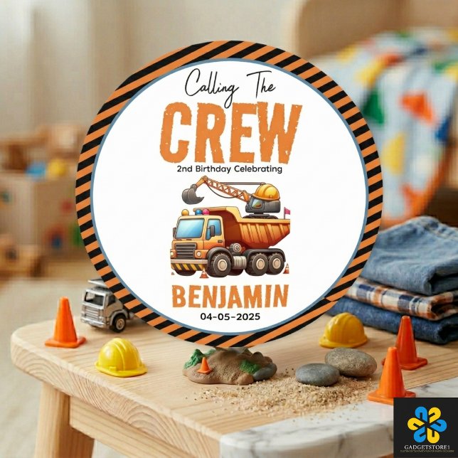 Sticker Rond Équipe de construction Camion à benne Basculant Ga (Construction Crew Dump Truck Boy 2nd Birthday Classic Round Sticker
)