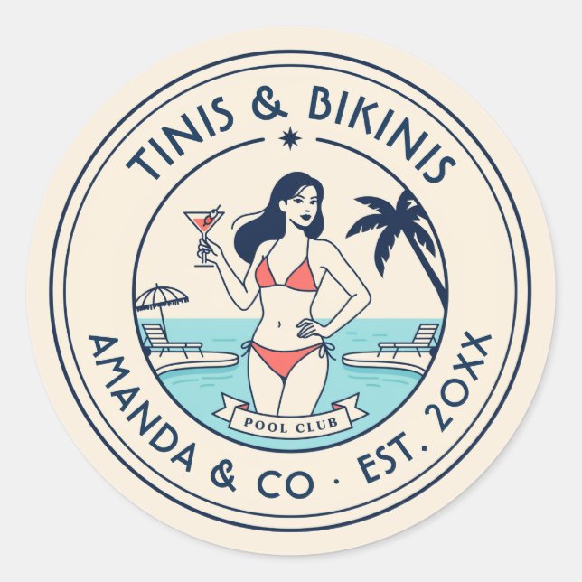 Sticker Rond Équipe de la mariée Tinis & Bikinis Preppy Pool Cl (Devant)