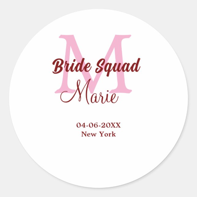 Sticker Rond Équipe de mariée ajoutez nom monogramme demoiselle (Devant)