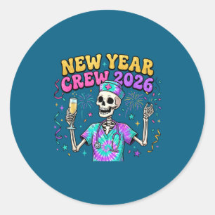 Sticker Rond Équipe de Nouvel An de squelette d'infirmière 2026