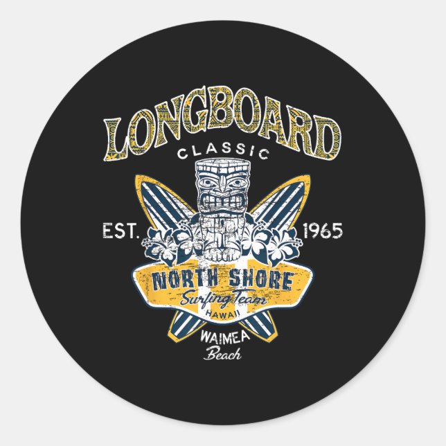 Sticker Rond Équipe de surf de North Shore Hawaii Tee Longboard (Devant)