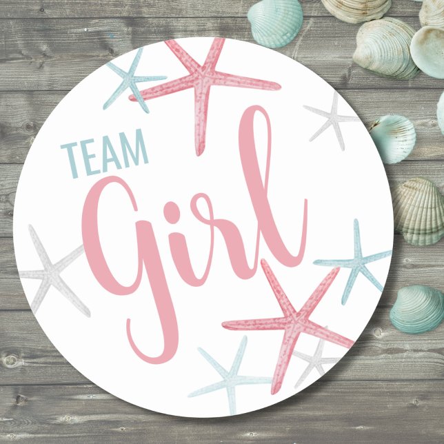 Sticker Rond Équipe Fille Genre Reveale Party (Pink & Blue Team Girl Summer Gender Reveal Party Classic Round Sticker)