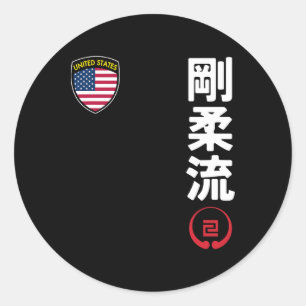 Sticker Rond Équipe Karate Goju Ryu Usa Drapeau Kanji Marti jap