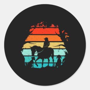 Sticker Rond Équitation Filles - Vintage Fille Avec Chiens Et